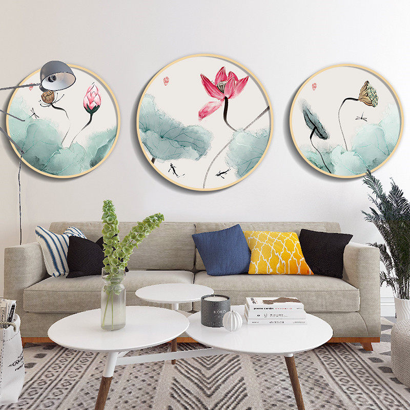 新中式圆形装饰画水墨荷花禅意玄关现代沙发背景墙画中式客厅挂画