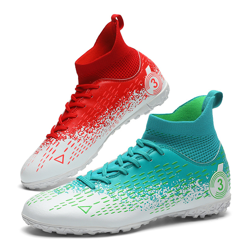31-48码 跨境高帮皮足球鞋男女儿童碎钉人造草坪长钉鸳鸯训练