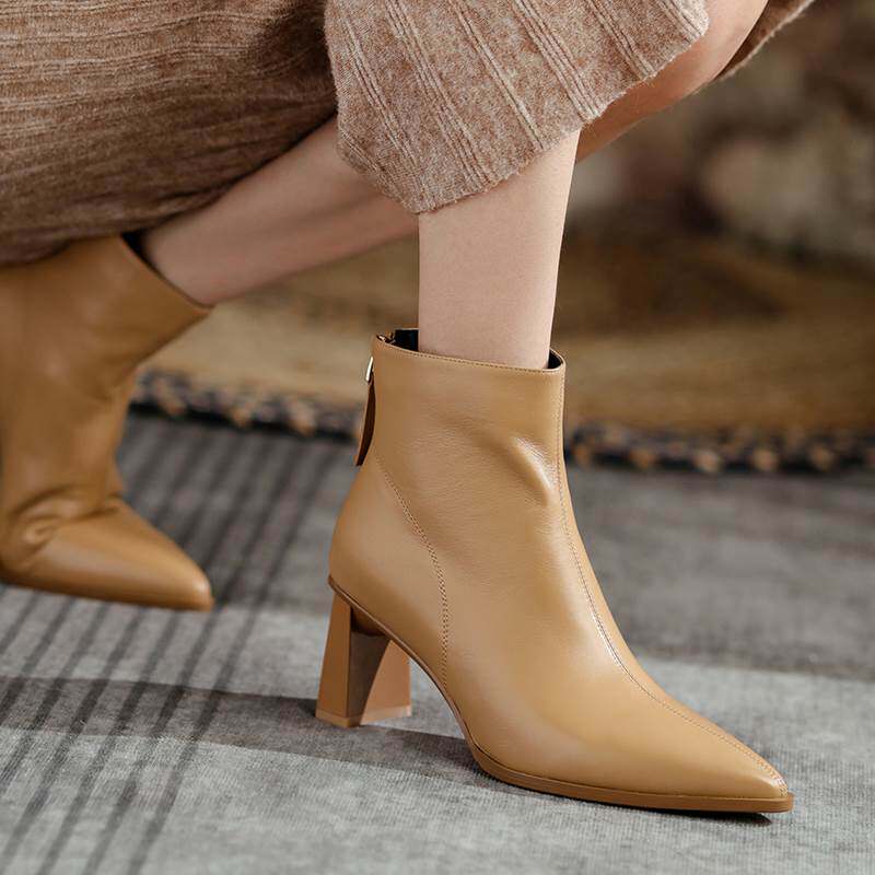 欧洲小羊皮女靴秋冬季高跟尖头瘦瘦靴高品质复古后拉链真皮短筒靴