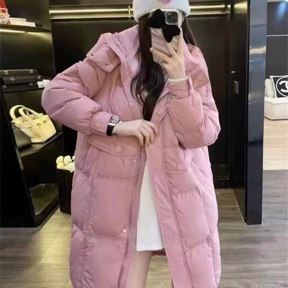 韩版百搭加厚连帽白鸭绒中长款