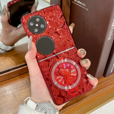 旋转马支架适用华为pocket2手机壳新年款马年P50Pocket超薄防摔保护套pocket s折叠屏水波纹纯色简约男女款潮