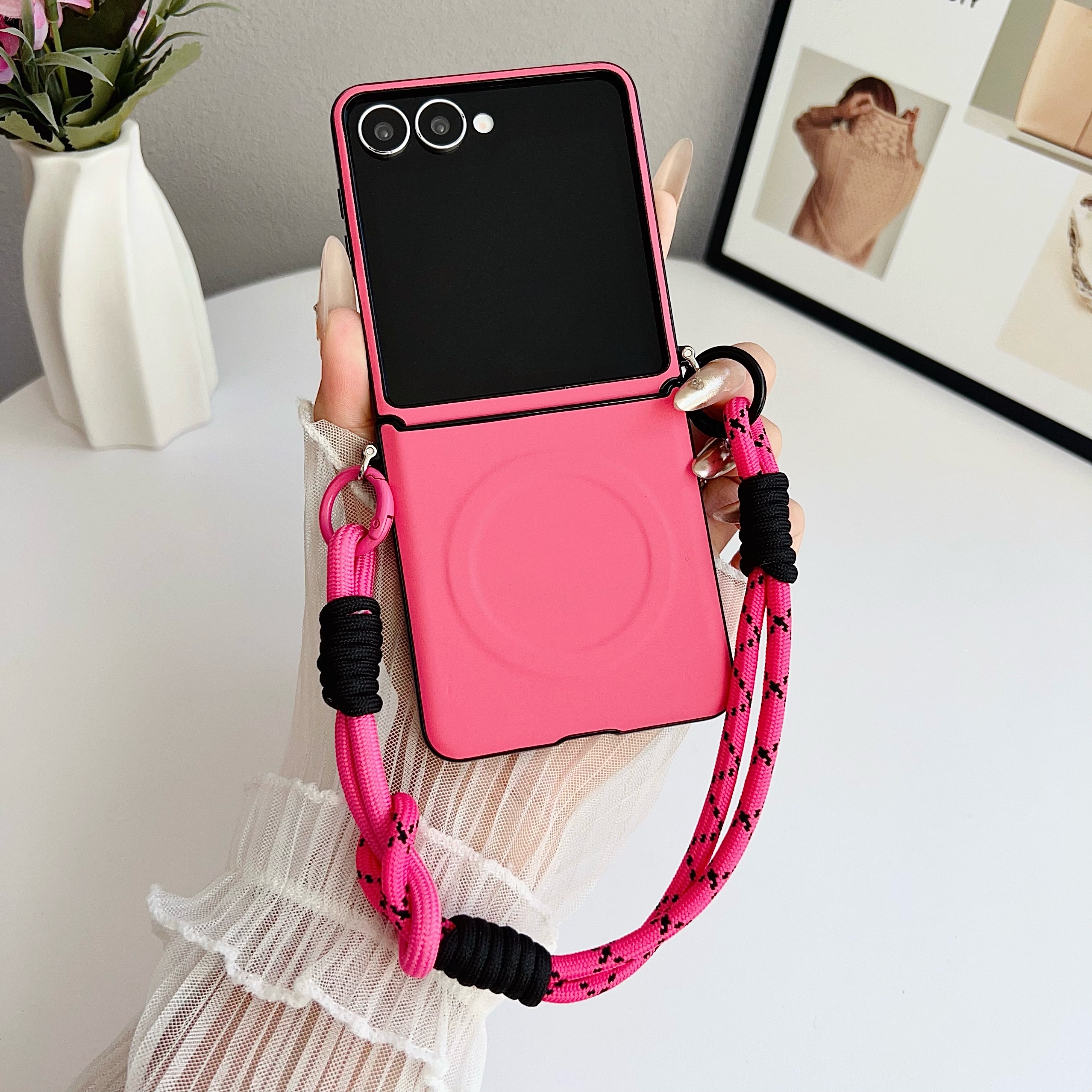 适用于三星zflip7/6/5/4/GalaxyW25Flip手机壳zflipfe新款皮纹磁吸折叠屏高级翻盖全包护轴手提绳支架防摔套