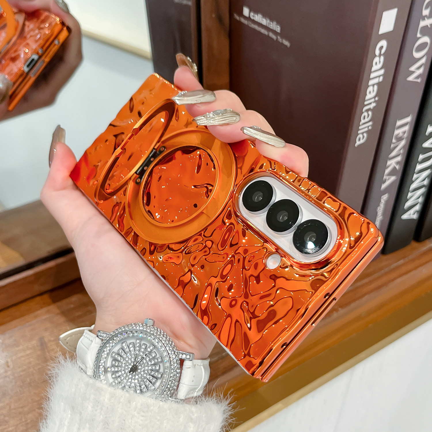 适用三星zfold7手机壳折叠屏女新款橙色水波纹Zfold6全包防摔硬壳ZFOLD7时尚简约旋转磁吸支架轻薄保护套潮流