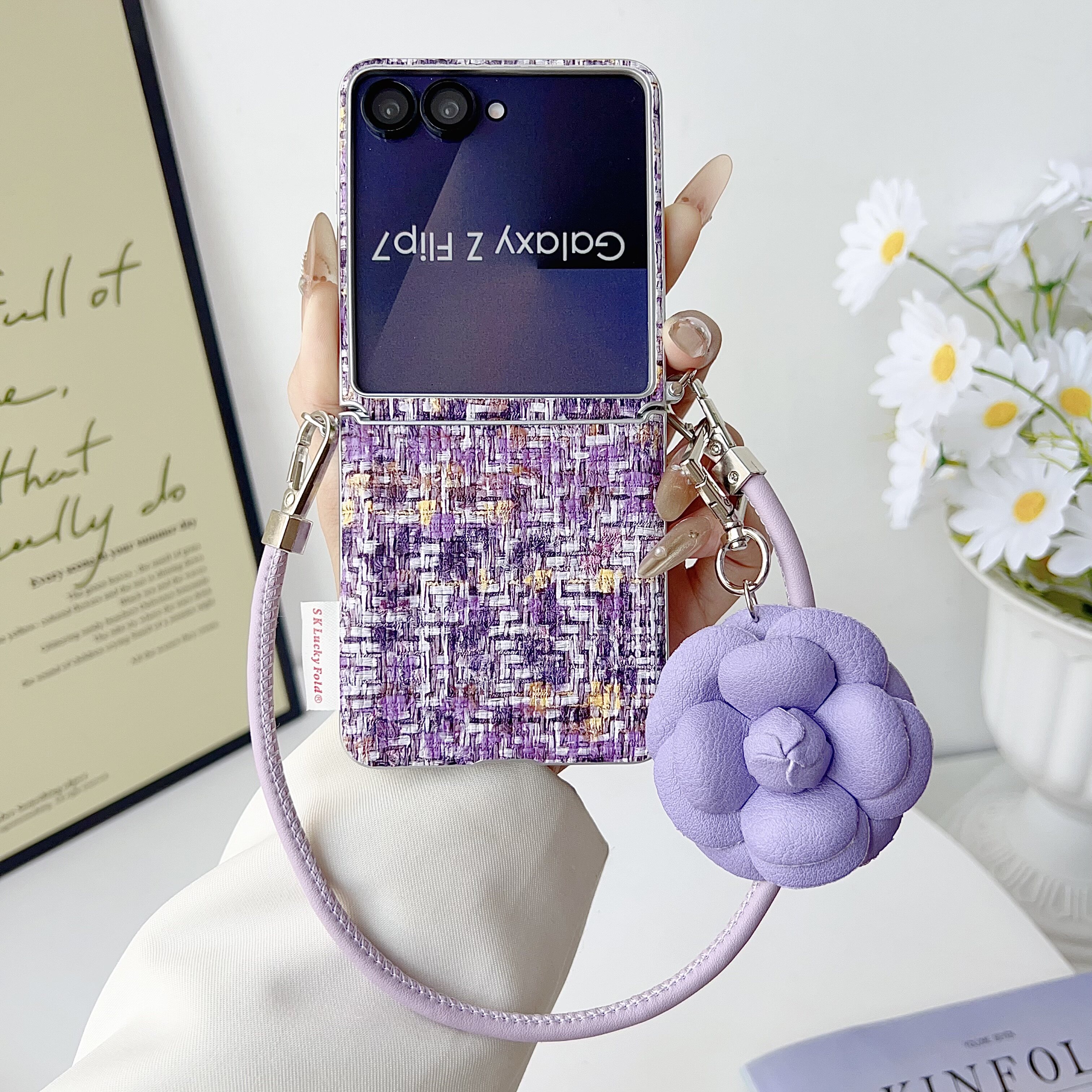 适用三星zflip7手机壳折叠屏玫瑰手提绳气质女彩色编织纹小香风zflip6硬壳全包zflip7fe轻奢三星zflip5保护套