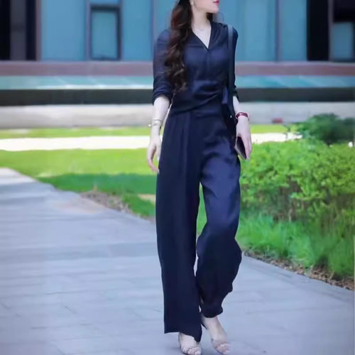 英系coss koko夏季新款高级感v领系带上衣高腰阔腿裤显瘦女
