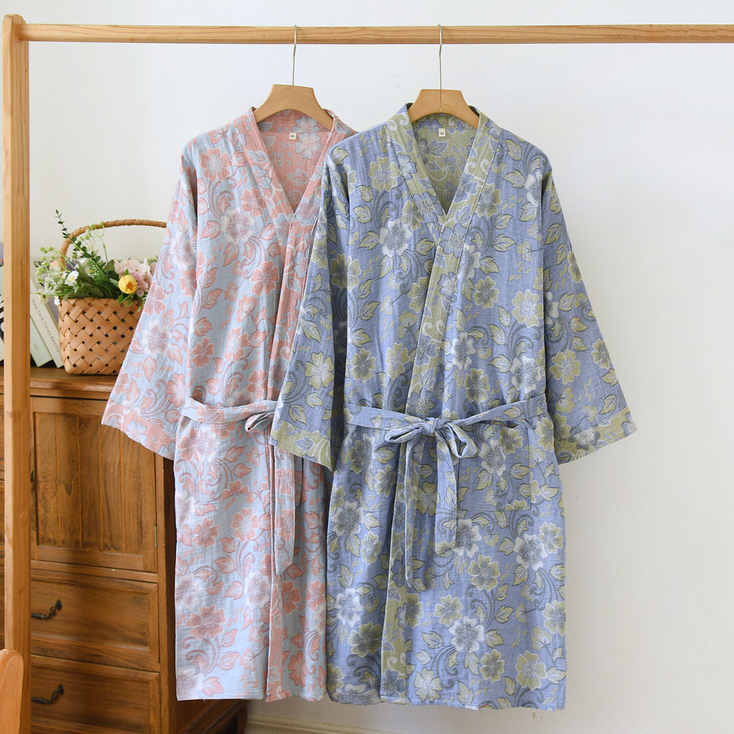 法国gentle motto复古提花睡袍女春秋薄款棉色织纱布和服睡衣宽松