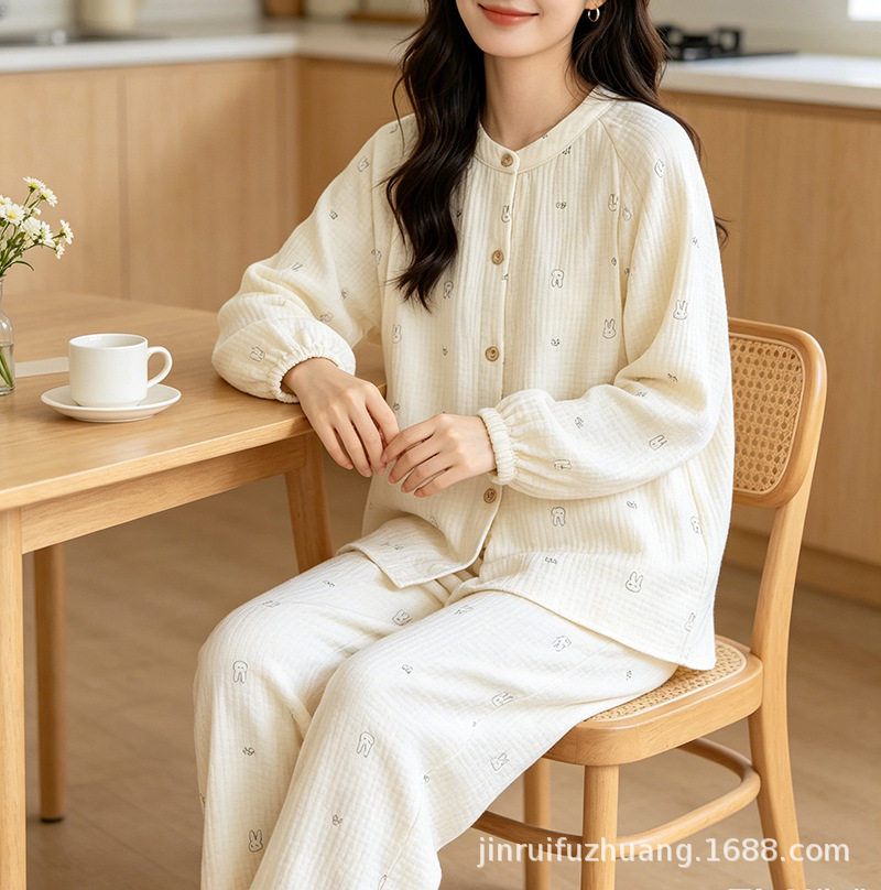 法国gentle motto四层棉纱月子服秋冬棉加厚产后哺乳喂奶孕妇睡衣