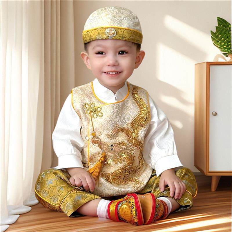 男婴抓周宴礼服秋季男宝宝周岁礼服新中式抓周服男童重工金龙唐装