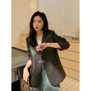 黑色皮衣简约休闲修身 外套女中长款 皮衣 真皮绵羊皮西装 海宁新款