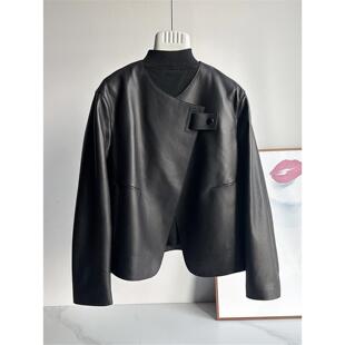 休闲小个子皮夹克外套 极简时尚 新款 进口绵羊皮泡皮真皮皮衣女短款