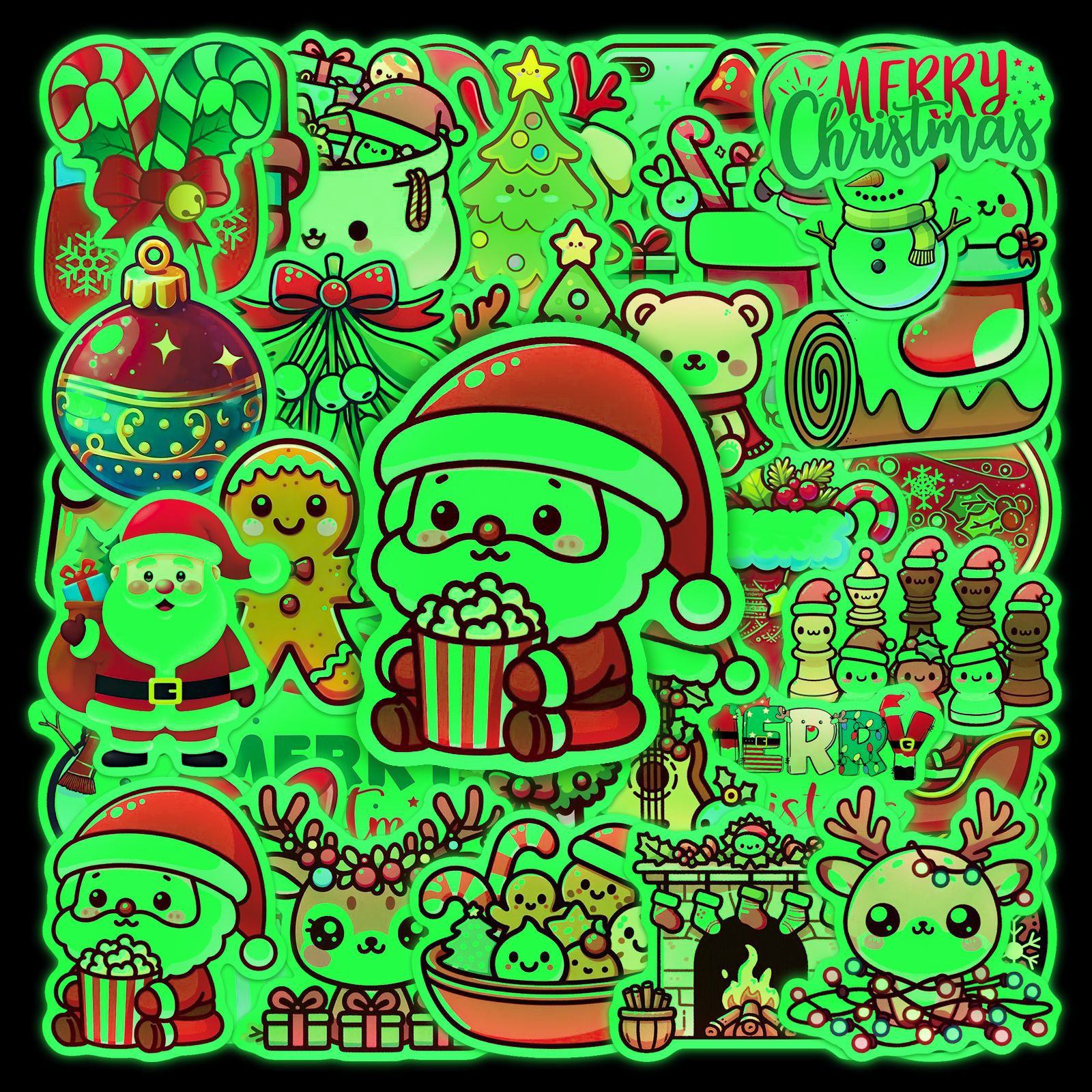 102张卡通创意夜光圣诞节发光圣诞礼物贴纸儿童装饰玻璃水杯笔记本电脑平板吉他手账文具电动车头盔贴画防水