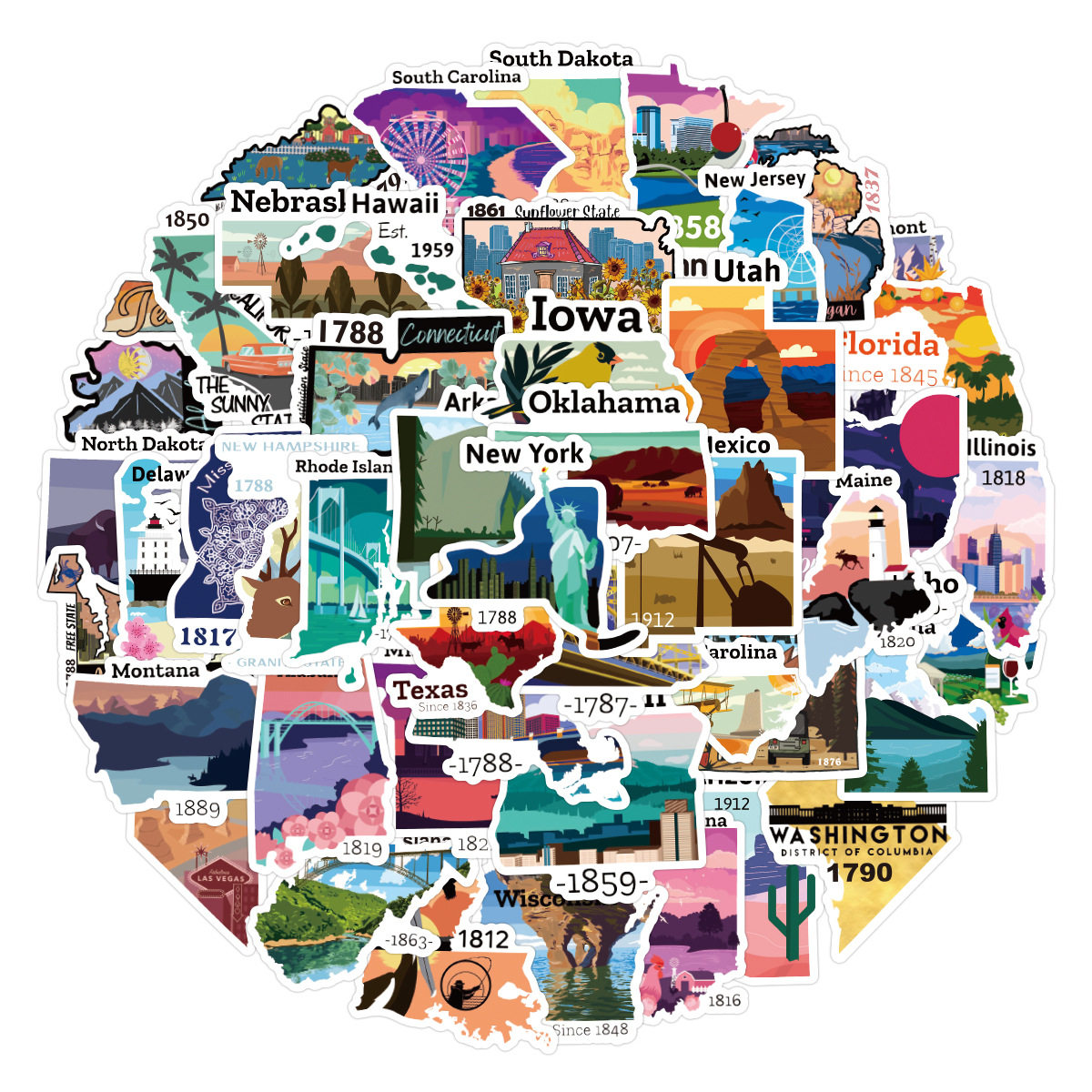 1000张美国地图风景标志涂鸦贴纸装饰小图案防水笔记本滑板行李箱摩托水瓶世界国家地标建筑旅行城市个性创意