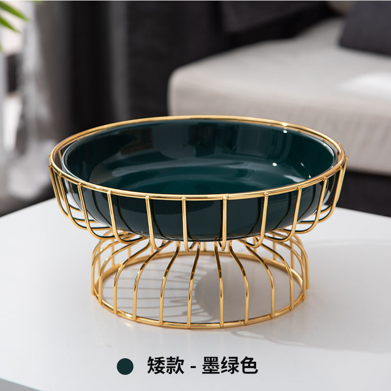 陶瓷铁架水果盘北欧轻奢金色铁艺陶瓷零食盘化妆品收纳盘
