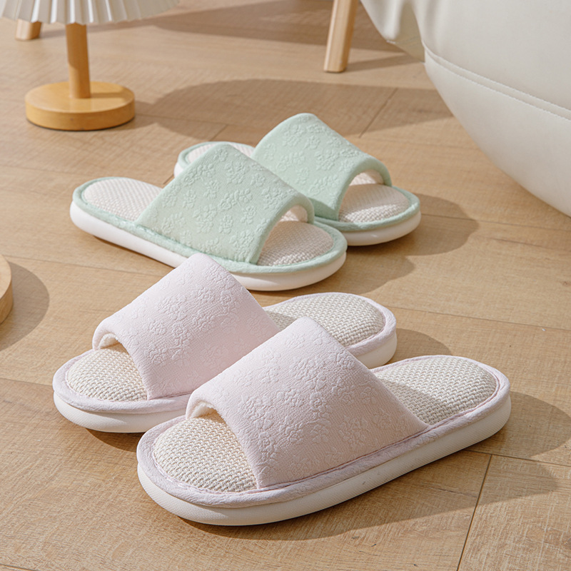 跨境亚马逊亚麻拖鞋室内少女浮雕凉拖鞋欧美春夏布艺棉麻拖鞋