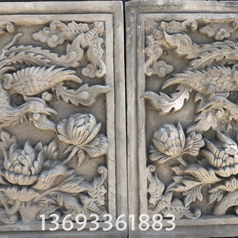 山西仿古砖雕 电视背景墙壁画挂件松鹤图案照壁青砖凤戏牡丹47X3