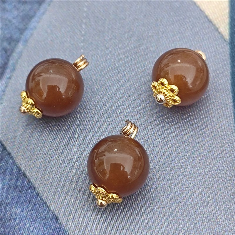 10mm天然玉石深咖色圆珠花托旗袍衬衫汉服香云纱服饰扣子高端