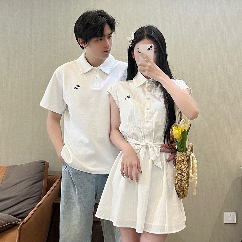 2025夏季新品小清新气质女新款情侣装短款连衣裙衬衫男
