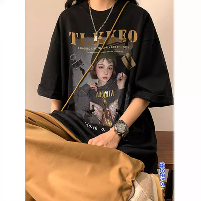 胖mm黑色t恤女短袖夏宽松欧美潮牌半袖正肩美式甜辣上衣大码女装