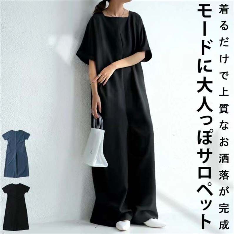 2023日系夏季新款一体工装裤女士短袖宽松后拉链正装裤方领背带裤