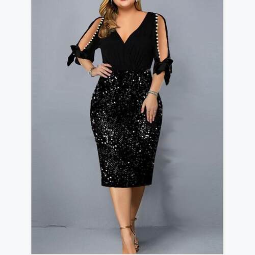 欧美V领个性亮片花瓣袖连衣裙女V-neck sequin dress for women