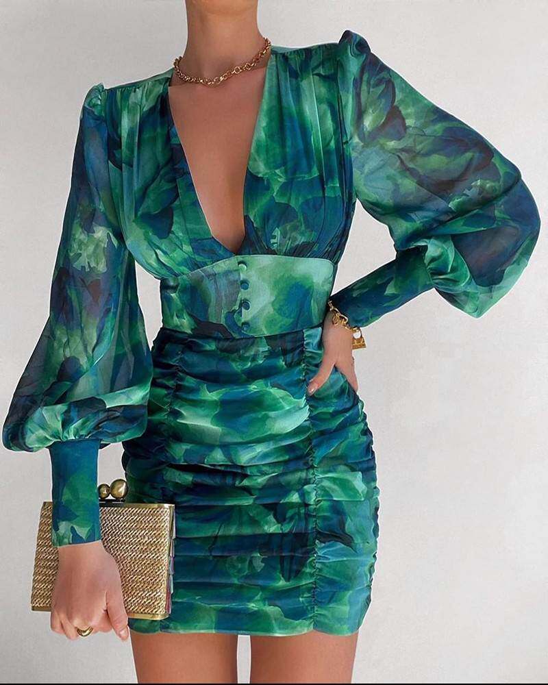 High Waist Chiffon print dress V领紧身包臂高腰雪纺印花连衣裙