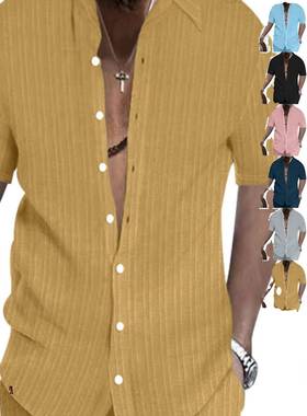 2025夏季欧美男士休闲宽松短袖衬衫大码纯色开衫上衣Men's Sh