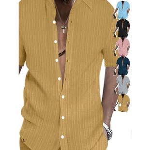 衬衫 大码 纯色开衫 2025夏季 39;s 休闲宽松短袖 上衣Men& 欧美男士