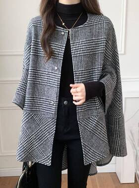 中长款开衫圆领格子外套斗篷女2023秋冬新款韩版时尚潮流大衣女