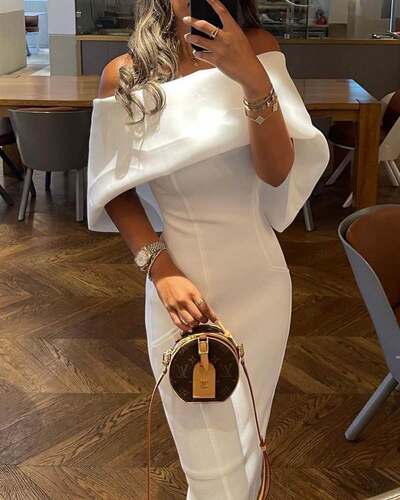 Off Shoulder Cape Design Skinny Party Dress一字领翻肩连衣裙