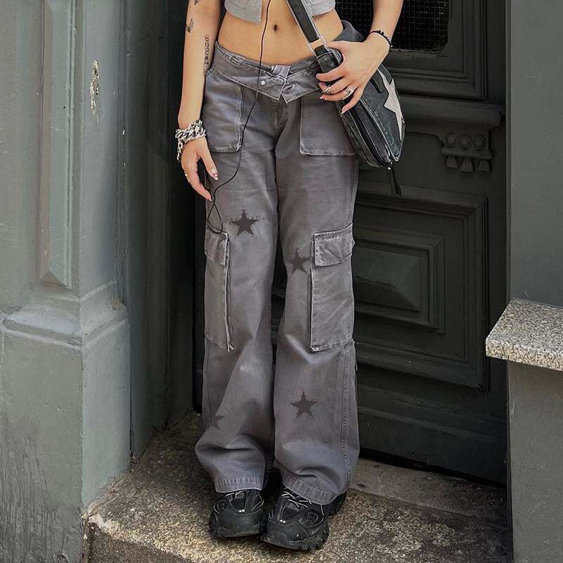 Women Star Printed Cargo Trousers Workwear Femme Mujer Pants