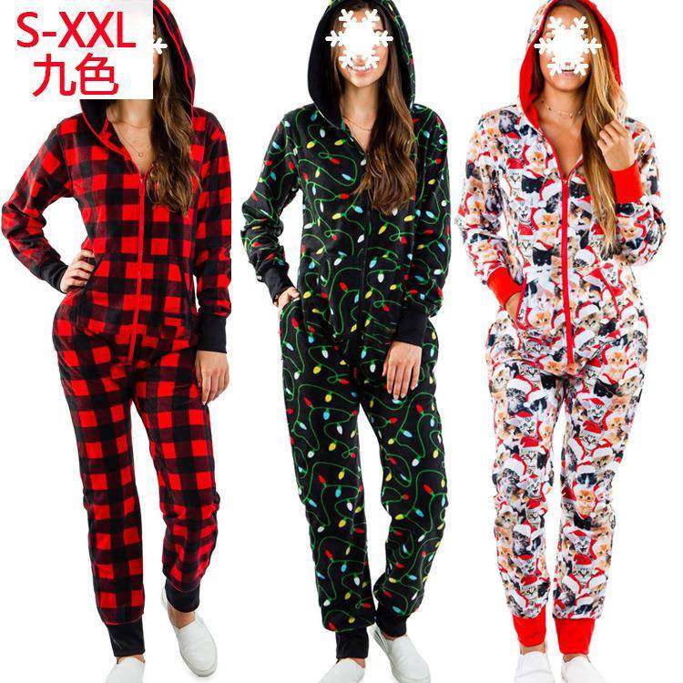 耶诞节连身裤条纹麋鹿印花连身家居服睡衣女士Christmas pajamas