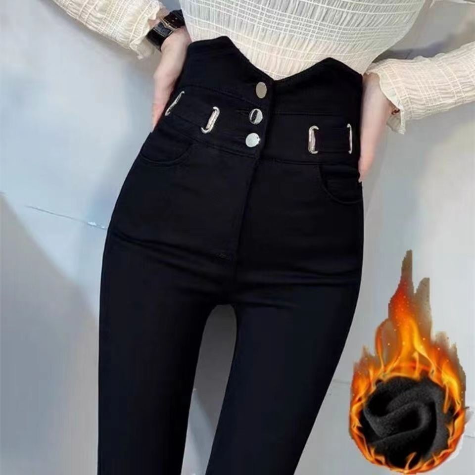 广州新塘十三行爆款女加绒秋冬高腰紧身打底黑色小脚弹力铅笔长裤