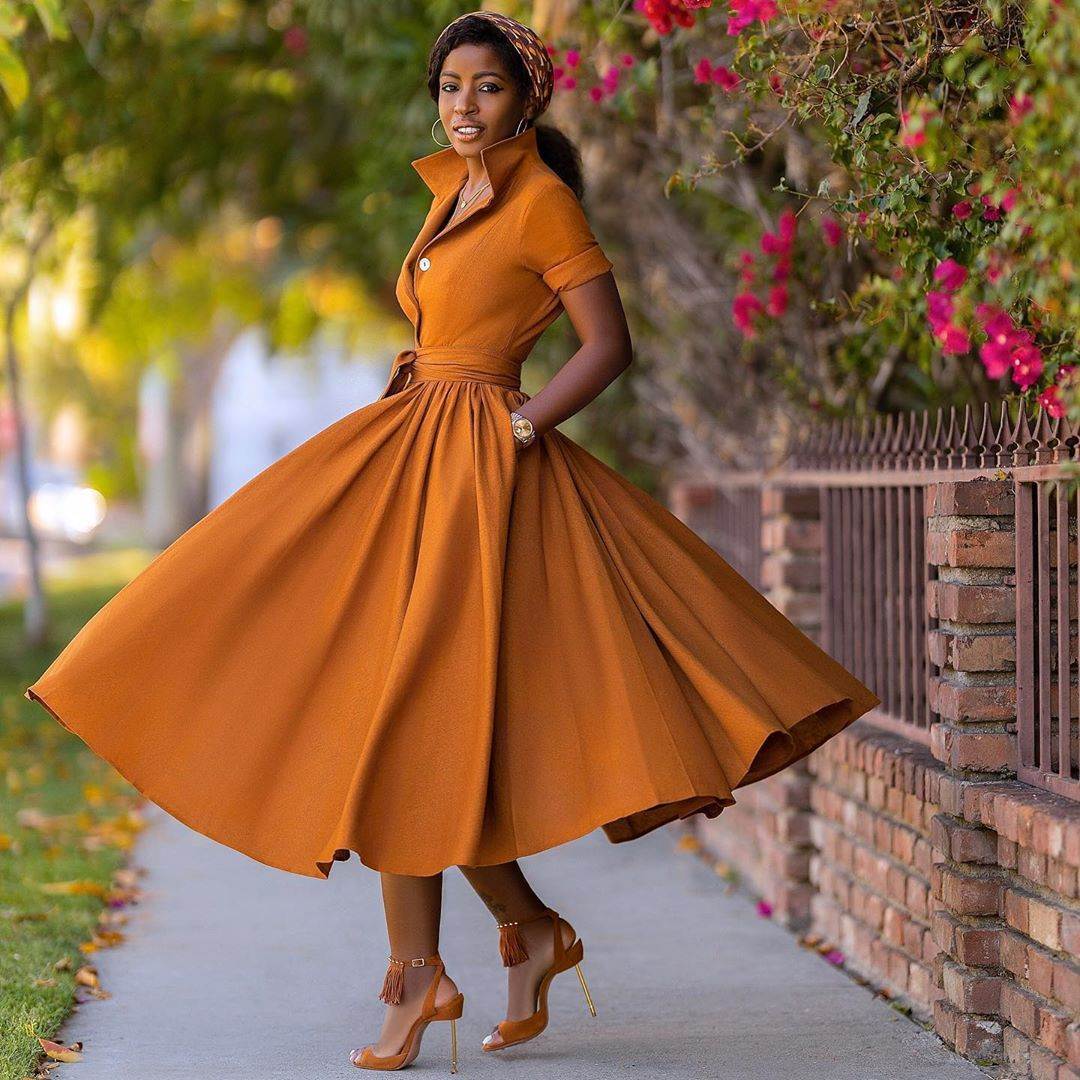单排扣衬衣大摆连衣裙气质风收腰裙子Elegant dresses women