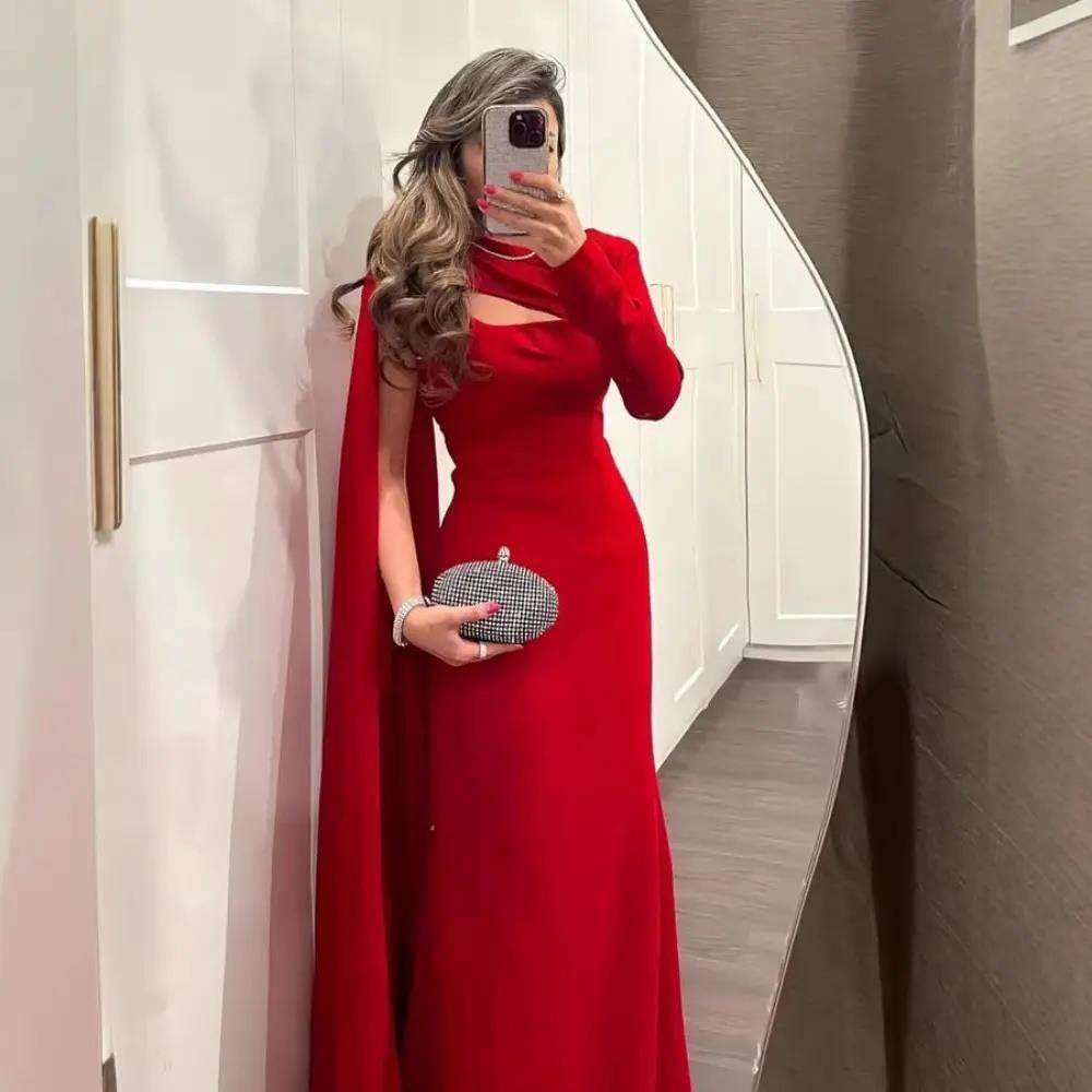 红色性感长袖晚礼服女装包臀单肩飘带连衣裙Red sexy dress gown