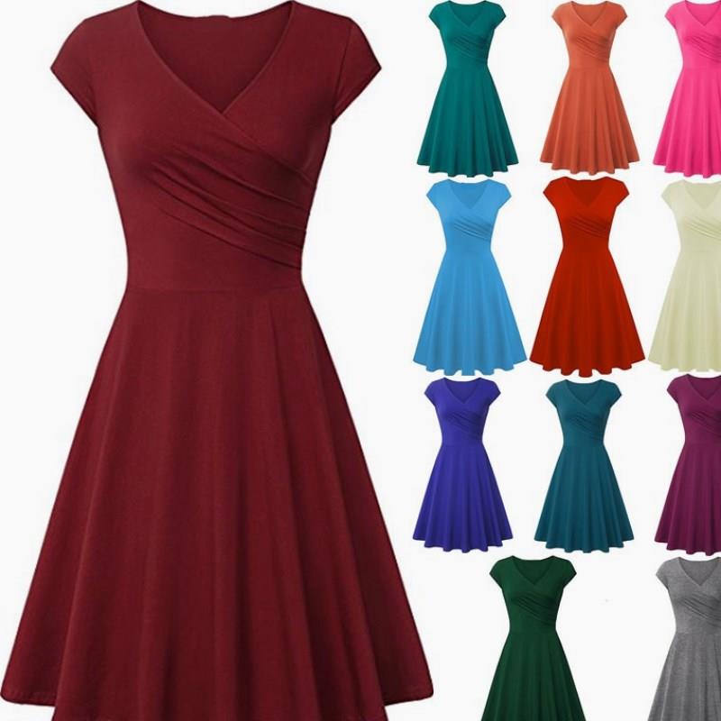 外贸热卖爆款女装欧美短袖纯色修身大摆连衣裙女士women dress。