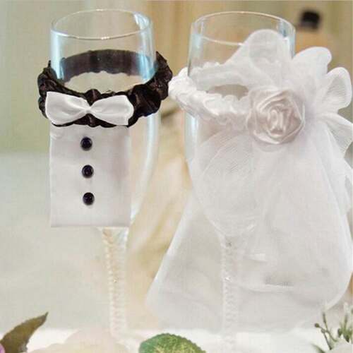 2Pcs/Lot Wedding Bride Groom Dress Wine Cups Wraps Champagne