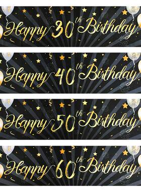 Black Gold Happy Birthday Banner Balloon Flag Adult 30th 40t