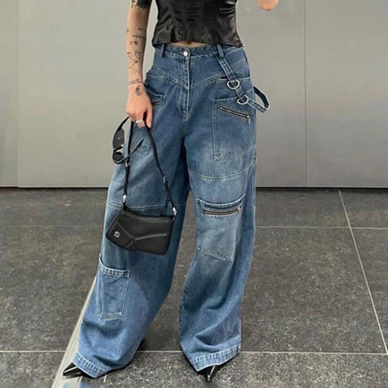 High Waist Button Up Straight Pants Retro Baggy Women Jeans