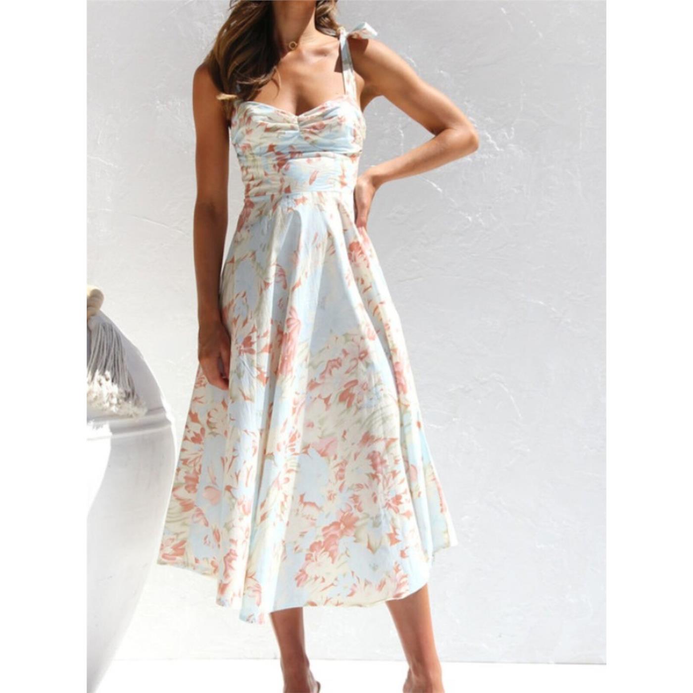 甜美夏季新品小碎花印花修身显瘦收腰A字吊带中长款连衣裙女DRESS