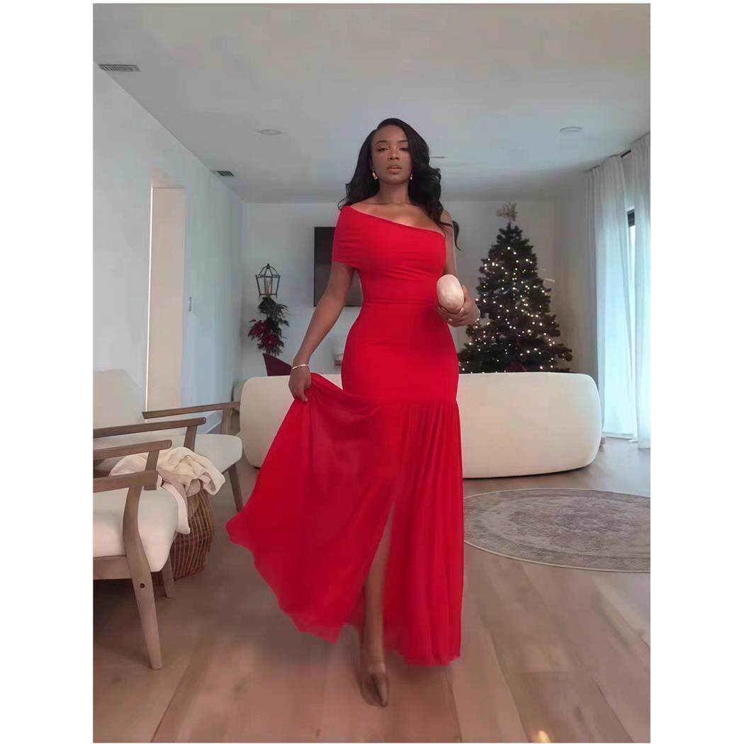 Sexy long dress 欧美新款气质纯色斜领褶皱修身开叉礼服洋装