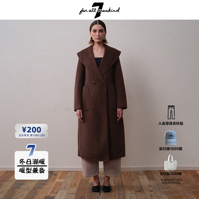 7 For All Mankind25年新品女装大翻领直筒经典简约毛呢外套大衣