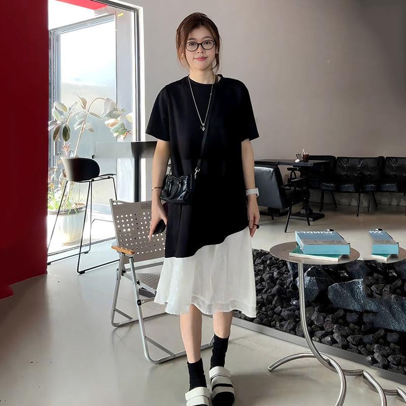 大尺码设计感撞色拼接短袖黑洋装胖女夏季mmZXKA-635松宽梨形身材