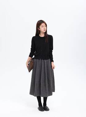 Mu/ltiath小丁宝莉泡泡毛裙/四季黑色半身裙秋M休ZLP闲呢花苞裙女