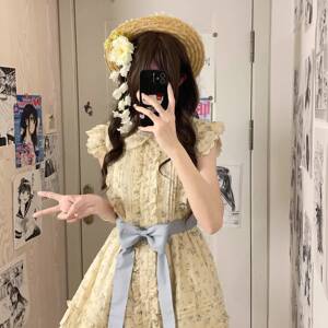 东京时记J蝴K蓝DJC52621色碎花连衣裙女夏结小个子系带岁蝶公主裙