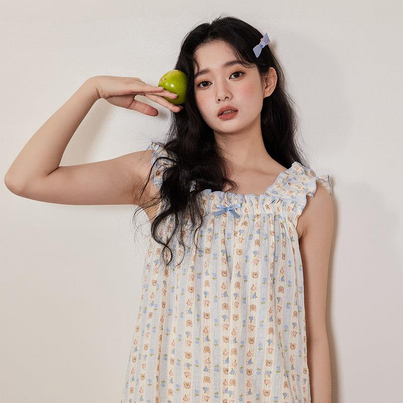 季可蓝纹小熊爱卡通小睡熊棉纱吊带睡裙女柔软居A类纯棉中裙全夏