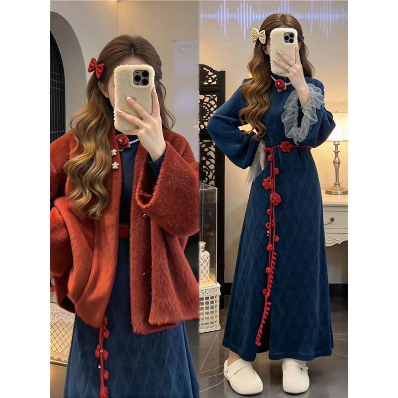 新中式国风旗袍连衣裙子女2026秋冬红色外套新年过年战袍套装长裙