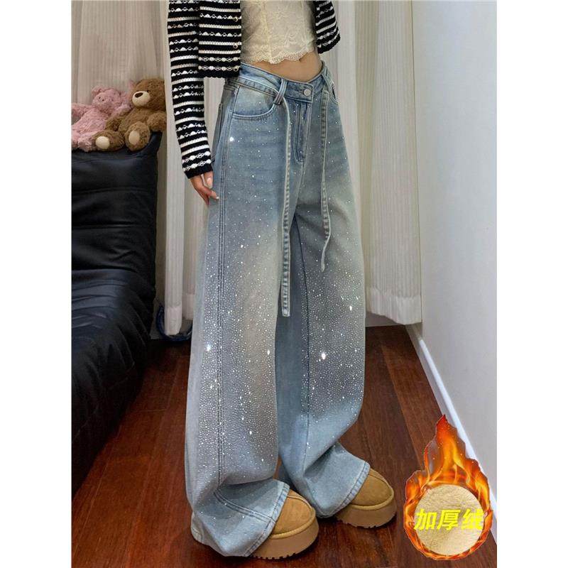 美式高街烫钻牛仔裤女冬季加绒胖妹妹mm高腰宽松显瘦直筒阔腿长裤