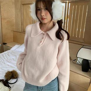 PPHOME自制~轻甜奶油 韩代翻领毛衣系扣长袖针织衫女宽松百搭上衣