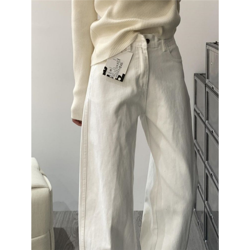 拉夏贝尔白色加绒阔腿牛仔裤女2025秋冬新款高腰显瘦宽松直筒裤子
