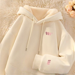 回力加绒卫衣女初中生2025新款秋冬连帽上衣大码加厚羊羔绒外套J